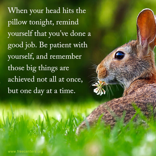 When your head hits the pillow tonight, remind yourself that you've done a good job. Be patient with yourself, and remember those big things are achieved not all at once, but one day at a time.
